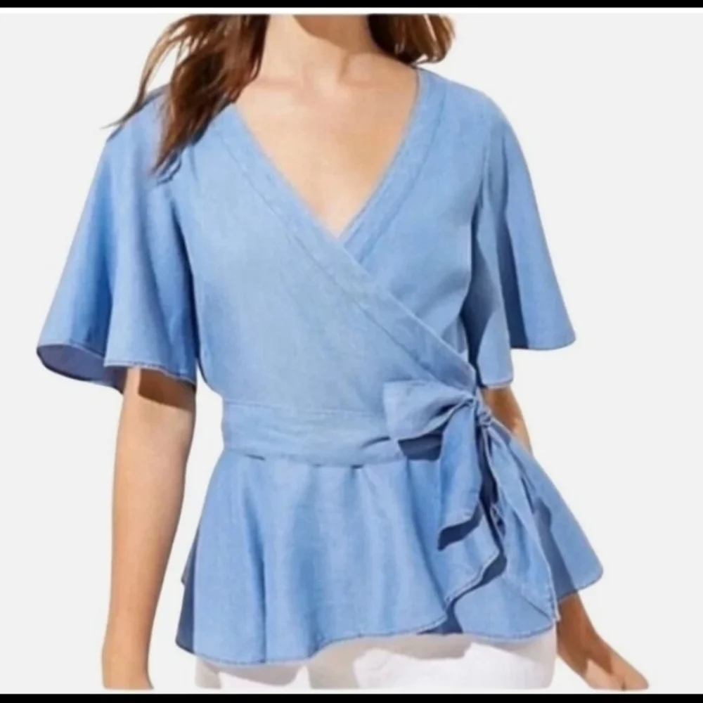 LOFT WOMEN'S BLUE CHAMBRAY WRAP PEPLUM FLOUNCY SLEEVES SIZE SMALL - Picture 1 of 4